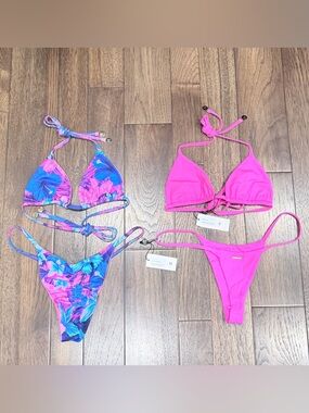 Two-Piece Women’s Pink Triangle Bikini Set with Tropical Floral Option